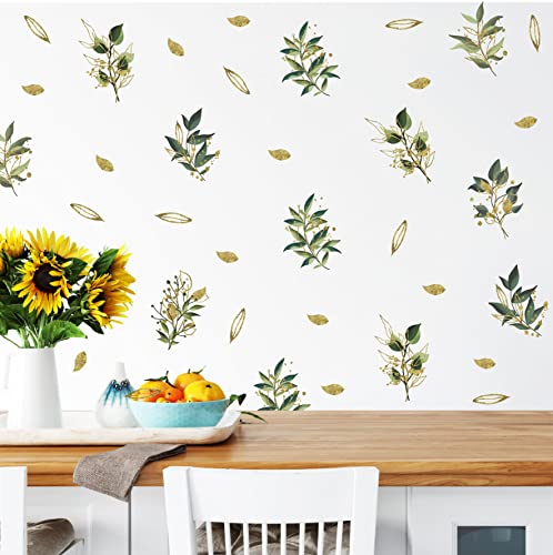Gold Leaves Wall Sticker Modern Leaves Wall Decal For Living Room Green Leaf Wall Decals Peel And Stick Botanical Plant Wall Stickers Nordic Wall Art Decal For Bathroom Bedroom Kitchen Kids Room Decor #TOP5