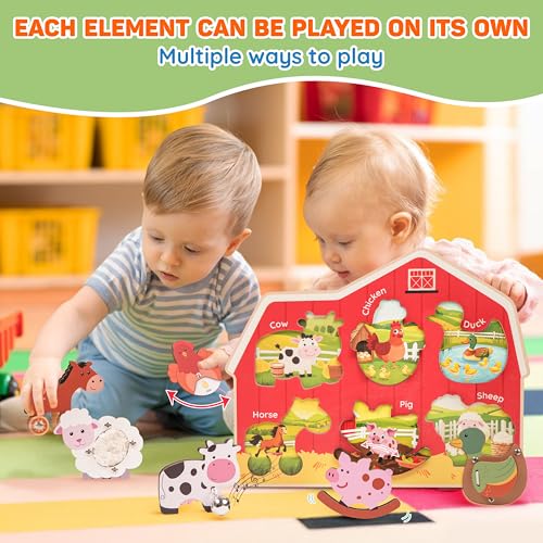 Image of KALOTOYS Wooden Farm Animal Puzzle for Toddlers 1-3 - 6 Piece Montessori Sound & Sensory Puzzle with Textures & Hatching-Egg Chicken - Fine Motor Learning Toy & Autism-Friendly Baby Gift