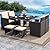 Tangkula 9 Piece Patio Dining Set, Rattan Chairs with Tempered Glass Table & Ottoman, Space Saving Wicker Sectional Conversation Set with Removable Cushions, Outdoor Furniture for Backyard Garden Deck