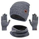 Mysuntown Winter Beanie Hats Scarf Touch Screen Gloves 3 Pieces Hat Scarf Gloves Set Thick Knit Skull Cap for Men Women (Grey)