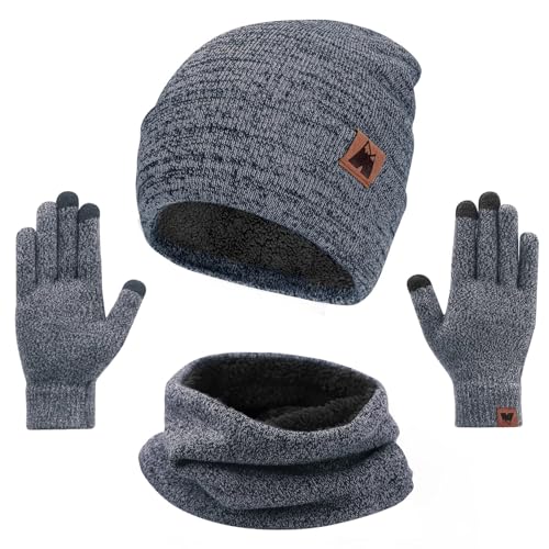 Winter Hat Scarf and Gloves Set for Women Knit Fleece Lined Warm Beanie Touch Screen Gloves Neck Warmer 3-Piece Sets for Unisex Adult 2025 Cold Weather Gifts Grey