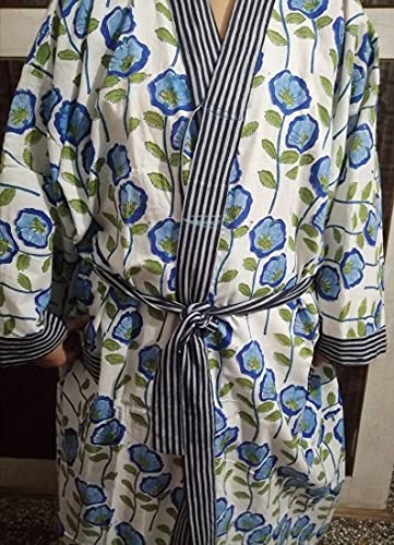 Blue Floral Kimono Indian Handmade Block Print Kimono Bath Robes Clothing Beach Wear Robes Cotton Kimonos Swim Wear Robes Body Crossover By Ranjanacraft. (36 Inch Long Uk Women's), Multi #TOP5