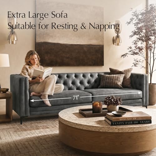 Image of HULALA HOME 84 inch W Faux Leather Sofa Couch with Metal Legs, Button-Tufted 3-Seater Sofa, Mid Century Modern Contemporary Upholstered Couch for Living Room, Entertainment Area, Apartment,Grey