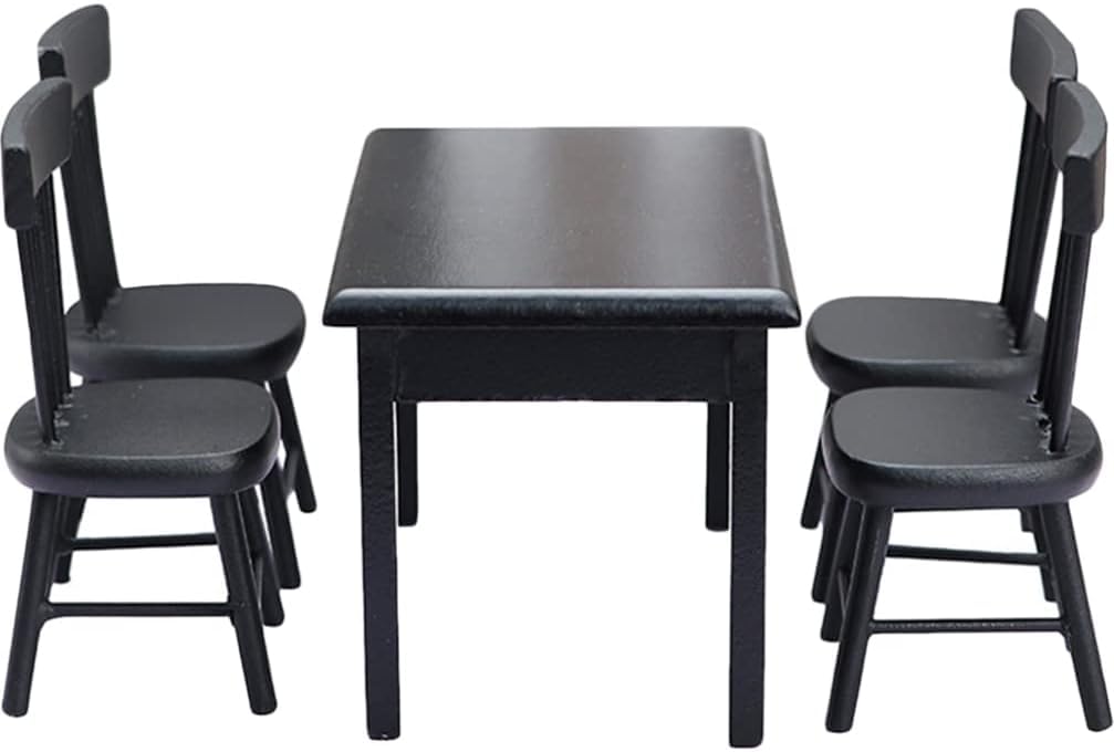 NimbusNote Black Chairs 5Pcs Miniature Table and Chairs, Mini Dining Table Set for 4, Doll House Black Wooden Table Chairs Miniature Furniture and Accessories Furniture