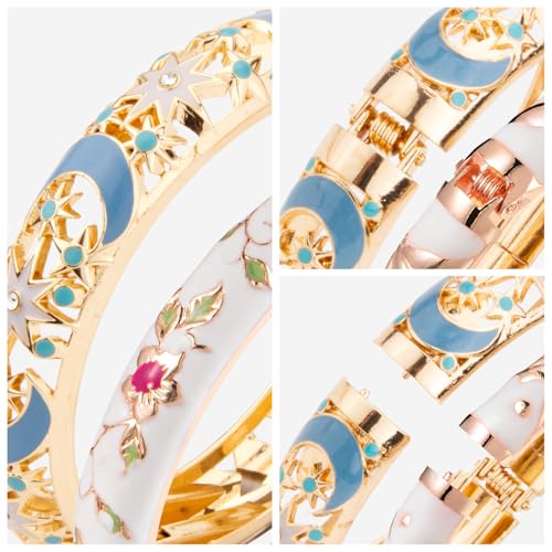 Image of UJOY Vintage Jewelry Cloisonne Handcrafted Flower Enameled Gorgeous Rhinestone Hinged Cuff Bracelet Bangles Gifts 88A10