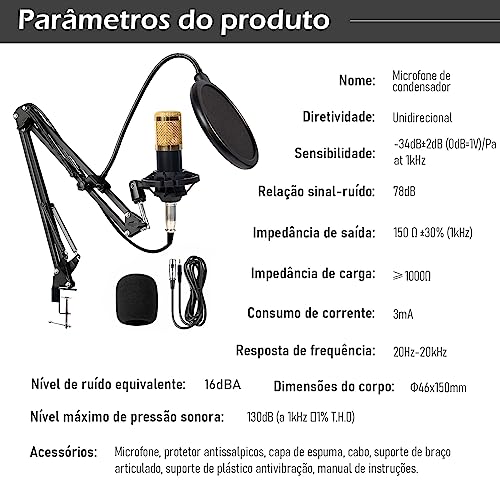 Microfone Condensador, Kit Microfone Condensador com Braço Articulado e Pop Filter para Transmissão