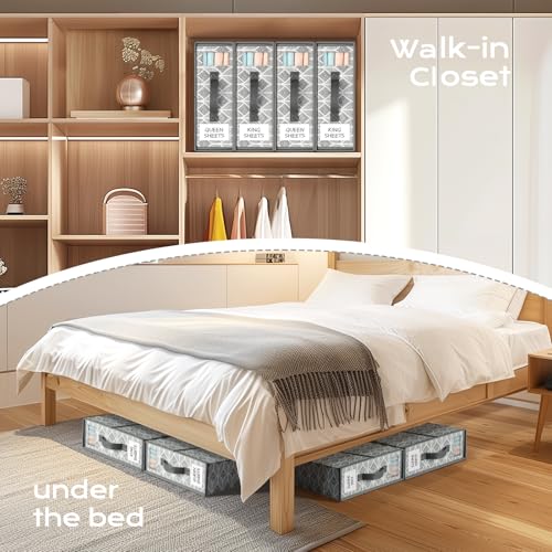 LAMU 6 Stück Bettwäsche Organizer mit Sichtfenster und Etikett, faltbare Aufbewahrungsbox für Bettlaken, Stoff-Aufbewahrung für Bettdeckenbezüge, Kissenbezüge, Queen & King Size, grau