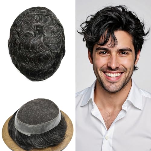 Toupee For Men Hair Replacement Systems French Lace Mens Toupee Human Hair Piece Breathable Lace with Skin PU Hairpieces For Men Short Hair Units Wig7"X9" #1B20 Off Black Mixed 20% Grey