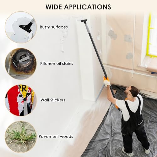 Heavy-Duty Floor Scraper, 4-Inch Razor Blade Scraper Tool, 51-Inch Long Handle, Includes 10 Extra Metal Blades, Paint Scraper for Cleaning Wall, Glass, Adhesives, Chewing Gum, Ceiling