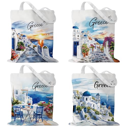 Sitsink Greece Gifts Souvenir Tote Bags - 4 Pcs Santorini Bags for Travel Fans, Greece Travel Essentials Watercolor Festival Gifts for Women Parents Friends
