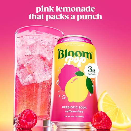 Image of Bloom Pop Prebiotic Soda, Gut Health Support, Raspberry Lemon, 12 Pack | Raspberry lemon flavor with clinically backed prebiotics for gut health, metabolism support and soda satisfaction.