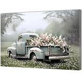 QIXIANG Farmhouse Truck Canvas Wall Art Old Car and Pink Flower Picture Prints for Bedroom Home Living Room Decor with Framed (12.00' x 18.00', Truck)