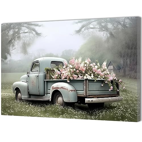 QIXIANG Farmhouse Truck Canvas Wall Art Old Car and Pink Flower Picture Prints for Bedroom Home Living Room Decor with Framed (12.00" x 18.00", Truck)