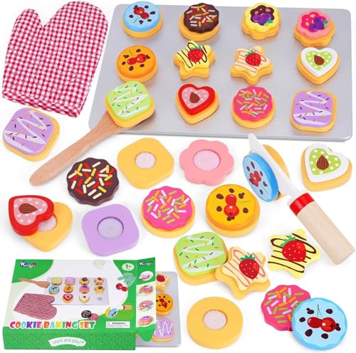 Slice and Bake Wooden Cookie Play Food Set for Kids Kitchen - Toy Food Accessories - Kids Pretend Cookies and Baking Sheet Toy Baking Set for 3+ Year Old Boys Girls Birthday Gifts
