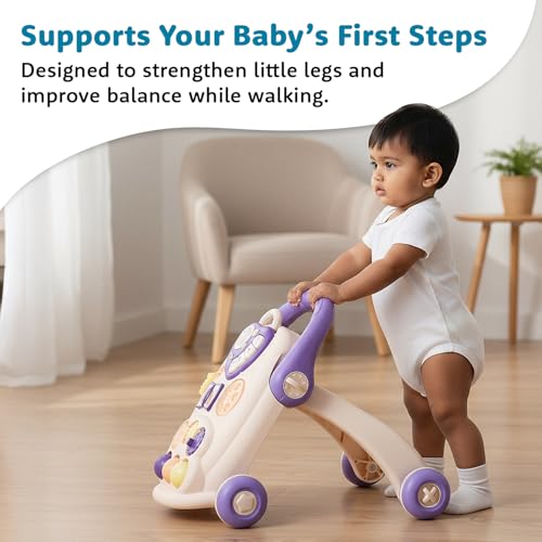 Image of Amazon Brand - Supples Baby Walker with Music, LED Lights & Handle | Push Activity Walker with Water /Sand Tank for Stability | Learning Toy for Toddlers 9+ Months | Beige & Purple