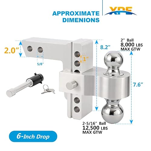 Xpe Aluminum Adjustable Trailer Hitch Fits 2-Inch Receiver, 6-Inch Drop, Solid Tube Hitch -12,500 Lbs, 2 And 2-5/16 Inch Balls #TOP2