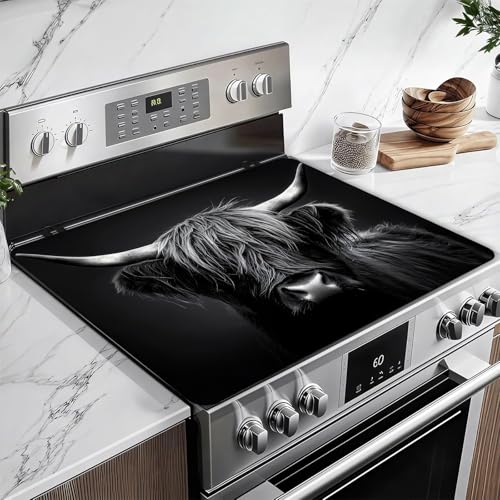 Image of Black Highland Cow Stove Top Covers for Electric Stove, Electric Gas Stove Pad Heat Resistant Range Cooktop Protector for Home Decor Kitchen 28 inchx20 inch