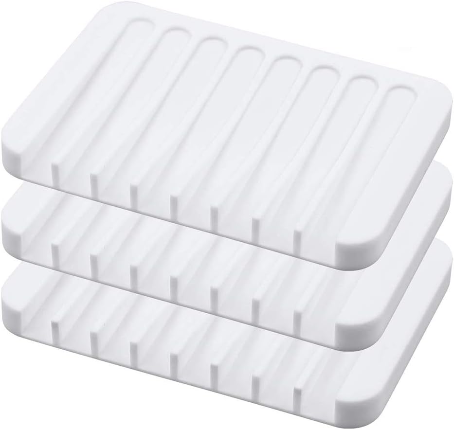 Ulable Silicone Soap Dish Soap Saver Waterfall Anti-Slip Design Soap Holder for Shower Kitchen Bathroom Easy Cleaning Flexible Silicone 3 Packs (White)