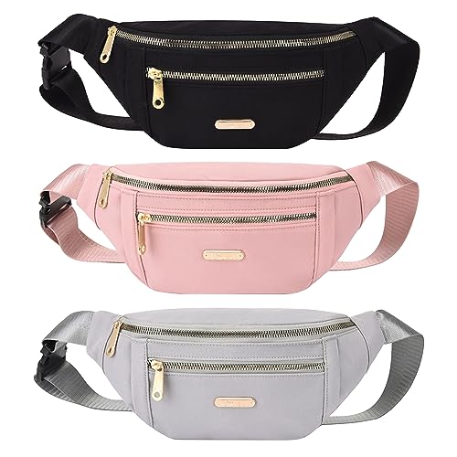 3 Stück Bauchtasche Damen Wasserdicht Hüfttasche für Outdoor Sport Mit Verstellbarem Gurt (Schwarz, Grau, Rosa)