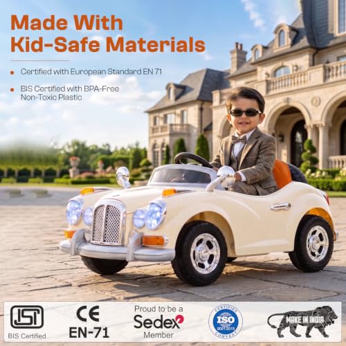 Image of Toyzone Vintage Electric Ride on Car TZ-128 (Creame) | Frequency 2.4 Ghz |Lights and Music | Seat Belt for Safety |Perfect Tyre Grip | Make in India | Indoor and Outdoor Toy