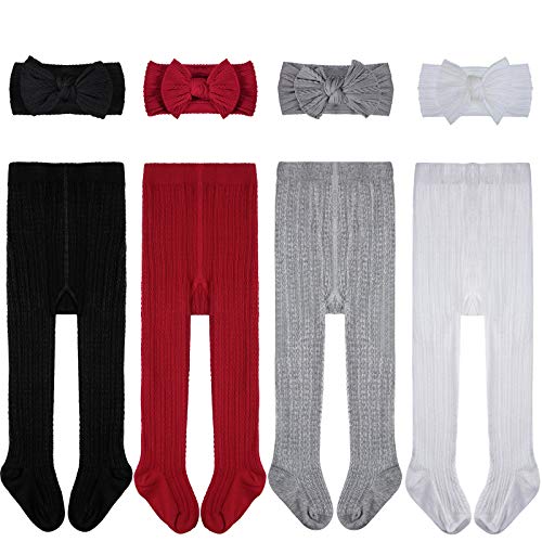 Image of Geyoga 4 Pairs Baby Girls Tights Cable Knit Leggings Stockings and Bow Headbands