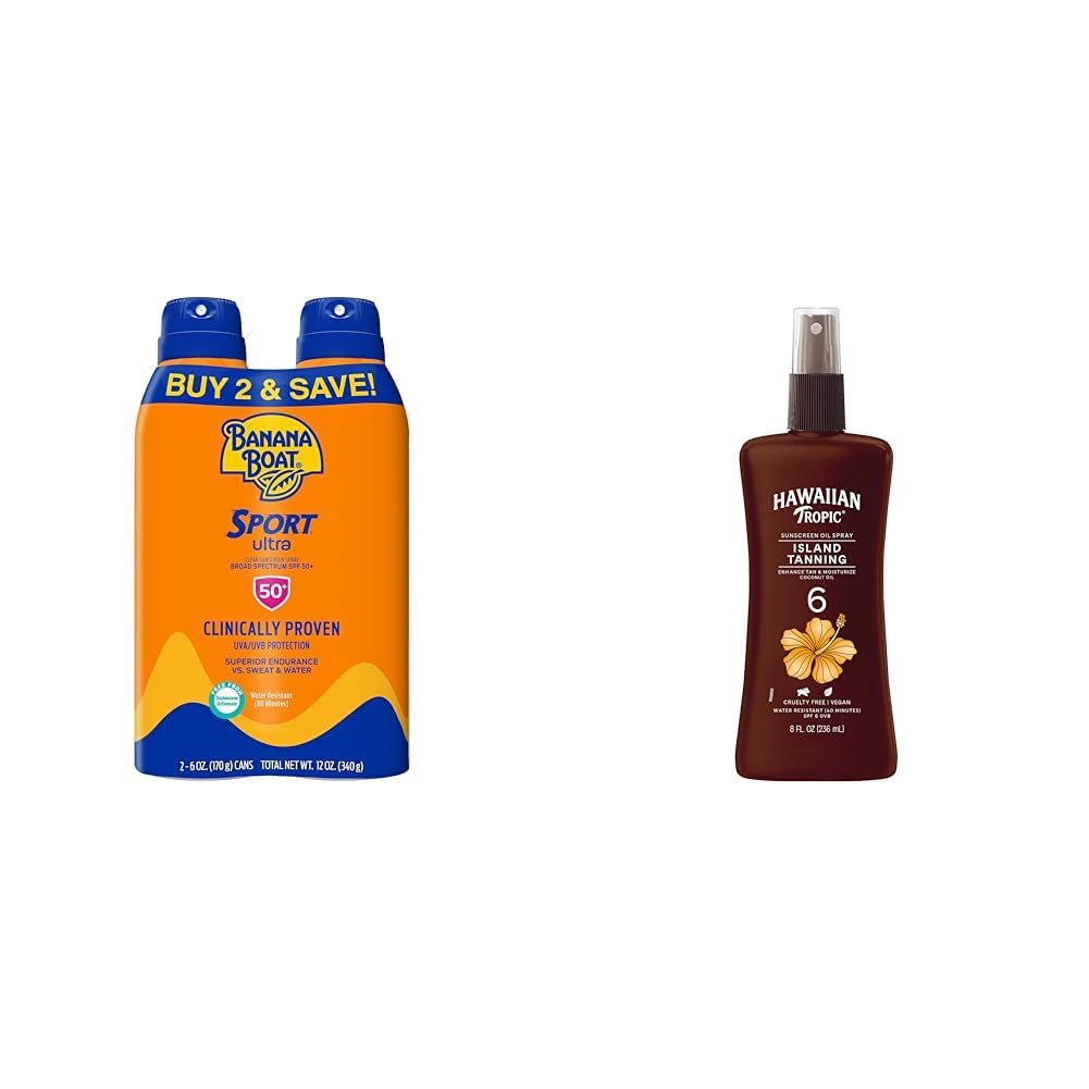 Banana Boat Sport Ultra SPF 50 Sunscreen Spray Twin Pack and Hawaiian Tropic Island Tanning Oil Spray SPF