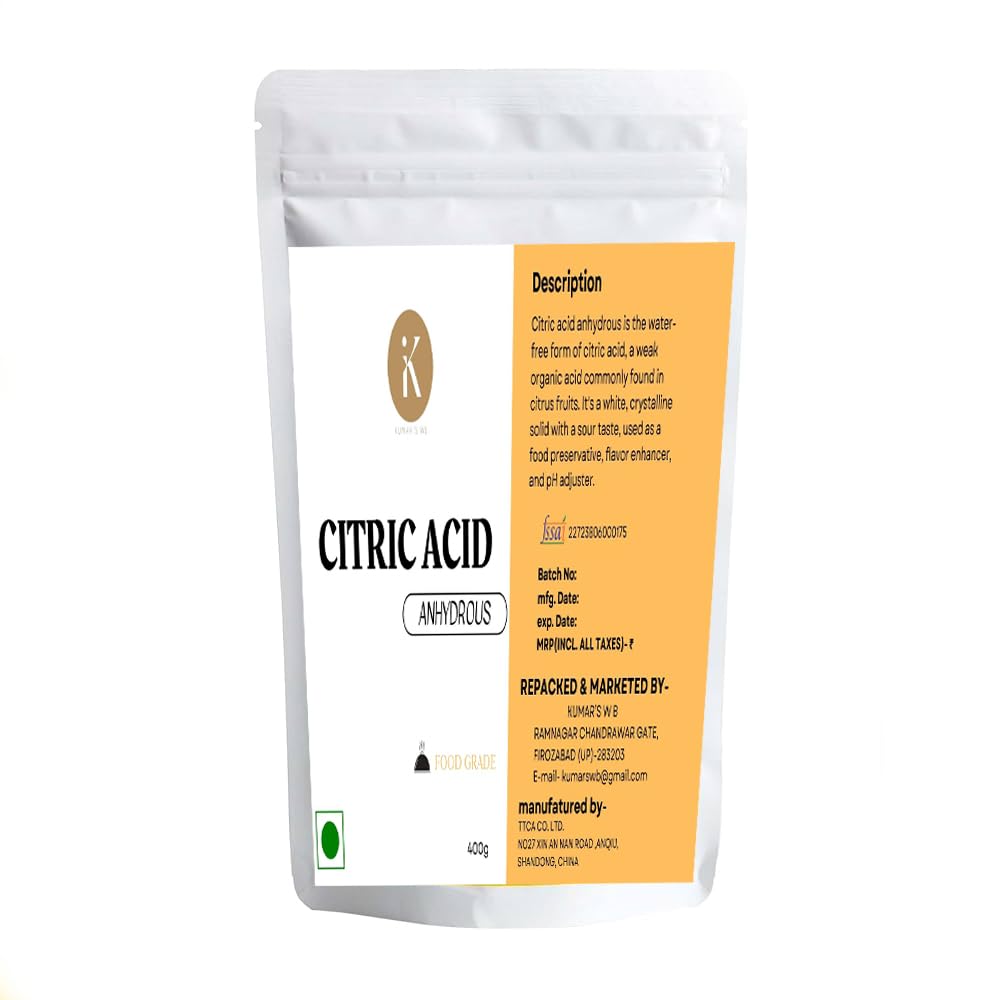 Kumar's Food Grade Citric Acid Anhydrous, 400g, White Crystalline Powder