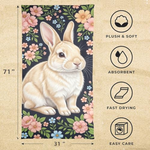 Toalla de baño portátil con arte floral de conejito lindo, toalla de playa sobredimensionada, suave, súper absorbente y de secado rápido, multifuncional para deportes, fitness y yoga, 31" x 71" miniatura 3
