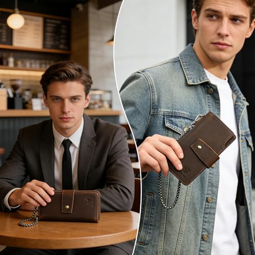 Image of Genuine Crazy Horse Leather Travel Gift Coin Pocket Card Case Long Organizer Chain Rfid Wallet Purse With Snap For Men Male 1803 1815 (W-1820-Brown)