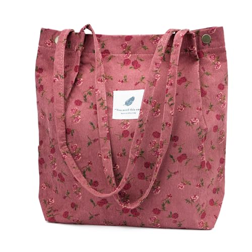 TOPASION Cute Corduroy Tote Bag Canvas Shoulder Handbags for Women Travel Shopping (Rose Wine Red)