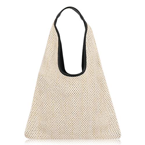 Bolso Tote de Cuero Negro con Asa y Tejido de Paja miniatura 1