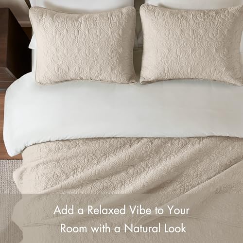 Image of Madison Park Luxurious Cotton Damask Quilt Set, 3PC Full /Queen Bed Set | All Season, Lightweight Stitching Coverlet Bedspread Bedding Stitching with Shams, Cream