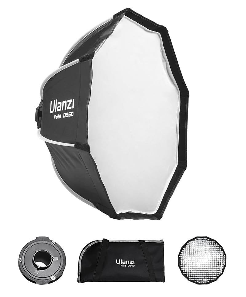 Double O1 Ulanzi 60cm Mini Bowens Mount Quick Release Octagonal Softbox + Grid + Carry Bag | Compatible with Ulanzi LT028 L023 L024 LT005 40W & 60W Video Light | 588g (Fold DS40)
