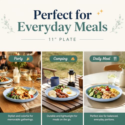 Image of 6PCS 11In Reusable Wheat Straw Deep Plates for Dinner, LightBlue | Unbreakable Plastic Plate with lip edge, Microwave & Dishwasher Safe for Home, Party, Travel