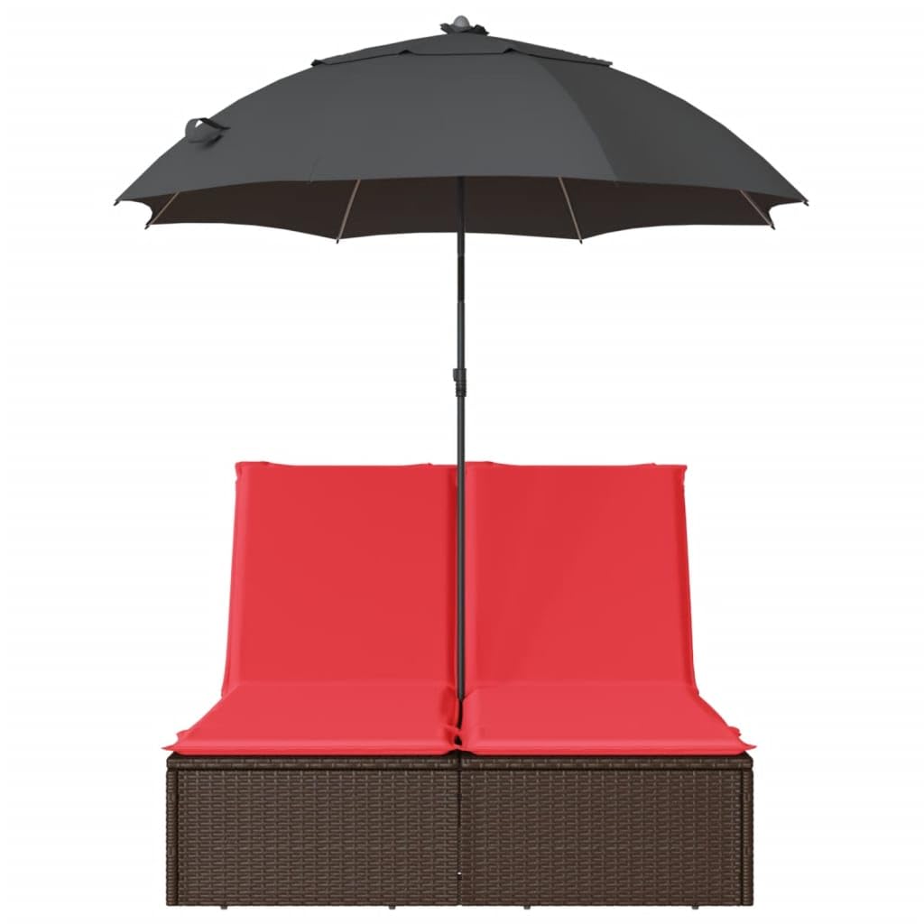 Chaise Longue Double en Résine Tressée Marron avec Parasol Rouge et Coussins Lavables - Lit de Jardin 2 Places avec Dossier Réglable pour Terrasse et Piscine - 200 x 164 x 176 cm