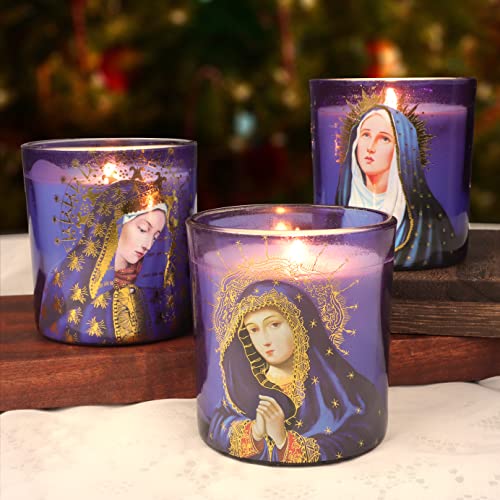 FLAVCHARM Blessed Virgin Mary Scented Candles - Set of 3 Purple Glass Votive Candles for Church Vigil Devotional and Catholic Home Altar - Long-Lasting Burning, Rosemary Scented Soy Wax Jar Candles