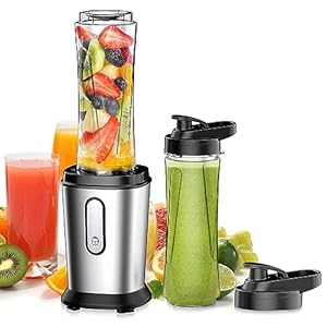 Mixer, 500 W mini-blender & smoothiemaker met 2 x 600 ml flessen, BPA-vrij Tritan, draagbare mixer, smoothiemaker van roestvrij staal, 4 bladen voor shake, smoothie en babyvoeding, zilver