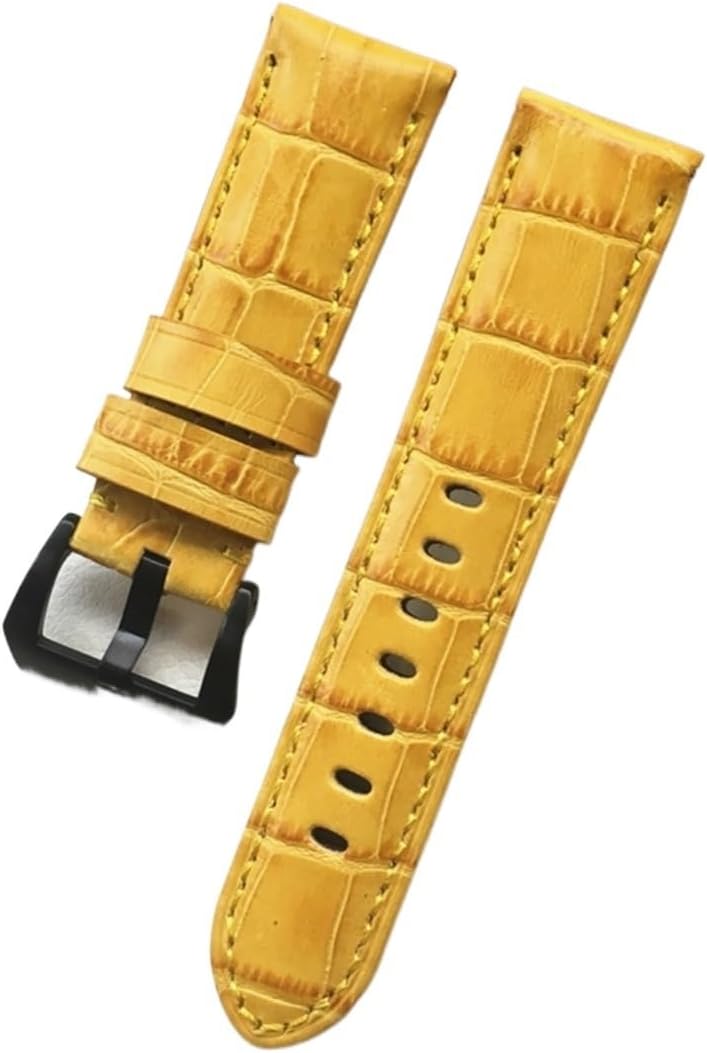 MJMT06 24MM Yellow Crocodile Pattern Genuine Leather Watchband Watch Strap Replace Compatible with Compatible with PAM441 PAM111 Pilot Bracelet Pin Buckle