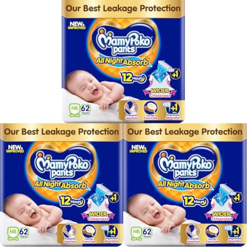Image of MamyPoko New Pants All Night Absorb|Pantstyle Baby Diapers New Born Size(XS), 62 Count,Ideal for upto 5Kgs|1 Diaper:Upto All Night Absorption now with increased power of +1glass|Wider Crisscross Sheet