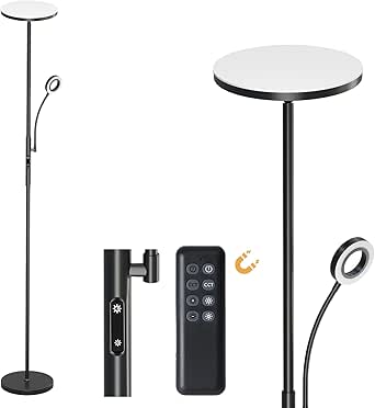 BatdTech Lampadaire LED Avec Télécommande & Interrupteur Pied, Lampadaire Bois Réglable, Lampadaire Salon Avec 3 Tons, Minuterie 1H, Étagère, Trépied Bois- Pour Salon, Chambre