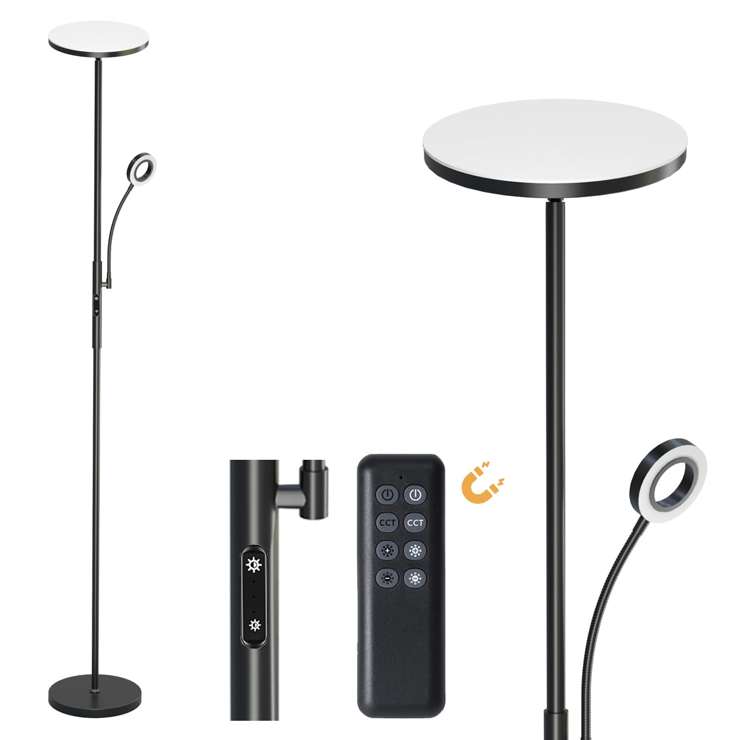 Modlicht 35W Lampara de Pie LED Negro, 4200lm Lámpara de Pie Salon con 6 Modos, 3000-6000K Lámpara Pie Regulable con Control Remoto & Táctil & 1H Timer, Lampara Pie Lectura para Dormitorio, Oficina