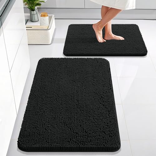 Image of OLANLY Bathroom Rugs Sets 2 Piece, Soft Absorbent Chenille Bath Mats Area Rug Set, Non-Slip, Quick Dry, Machine Washable Bath Mats for Bathroom, Home Decor Accessories (30 inchx20 inch+24 inchx16 inch, Black)