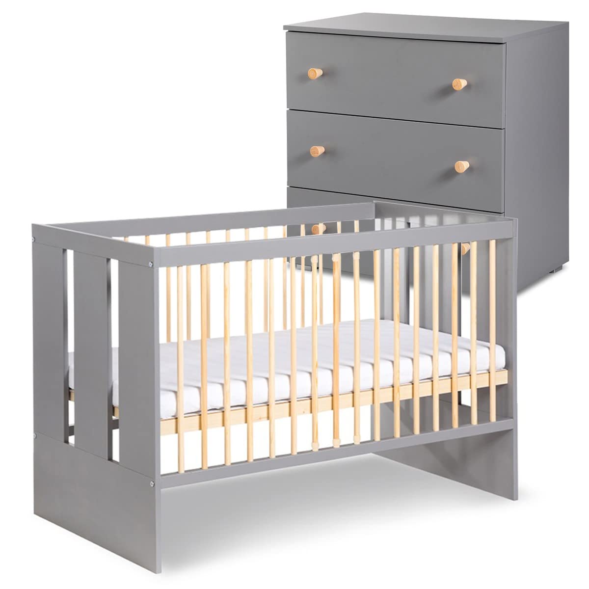 Mon Mobilier Design Pauline Ensemble Commode à Langer + lit bébé Gris/Bois 120x60 cm