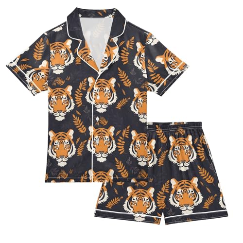 Hand Drawn Tiger Summer Satin Pajama Set, Cute Button-Down Sleepwear Pj Set for Sleep Wears