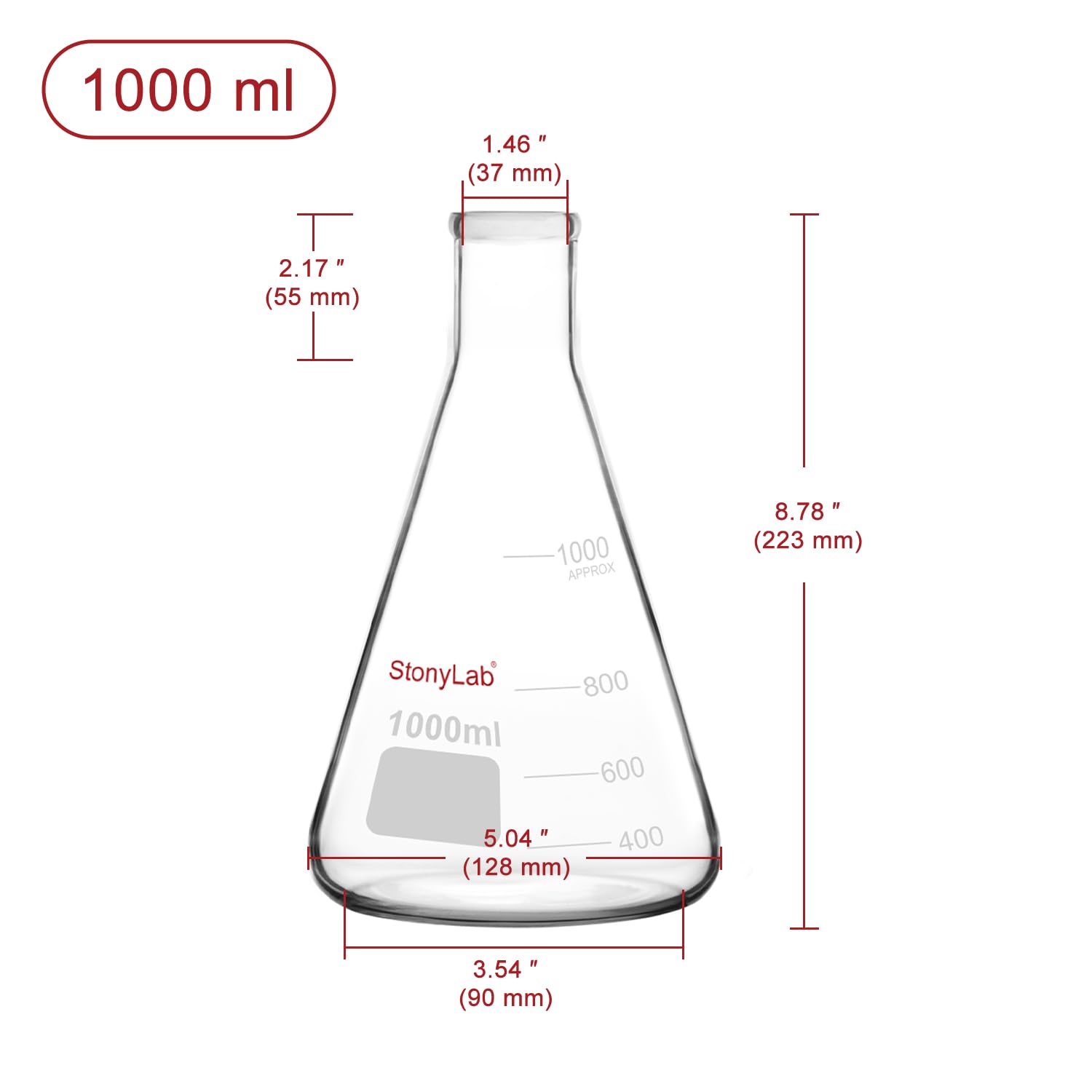 stonylab Erlenmeyer Boccette, 2 opakowania 1000 ml wąskie usta laboratoryjna szklanka borokrzemowa