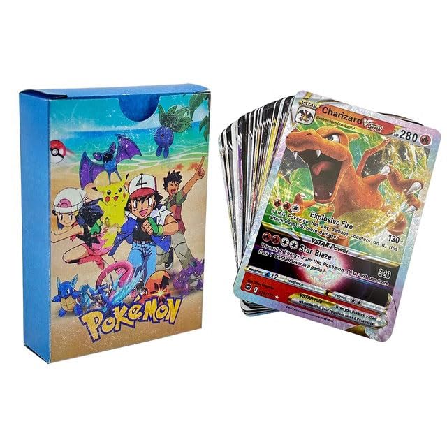 55 PCS Pokémon Cards Set – V, VMAX, VSTAR, GMAX – Rare Holographic Diamond Style – Shiny Custom Pokémon Trading Card Pack for Kids & Collectors – Booster Gift Box (English, No Duplicates)
