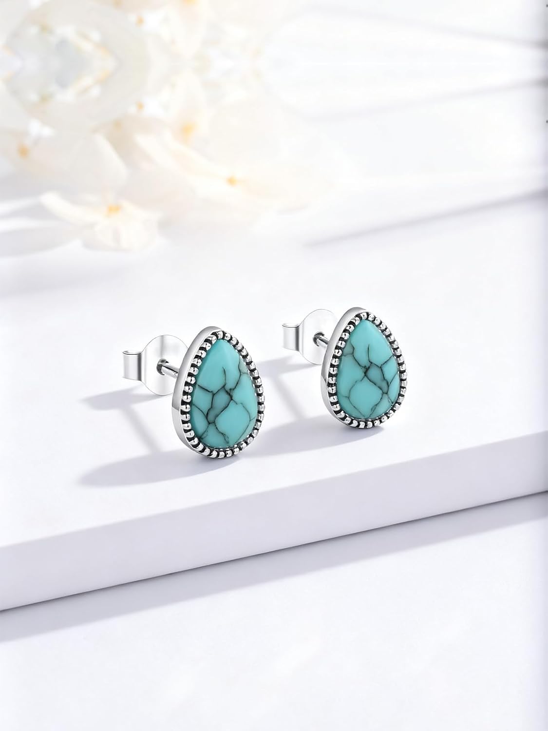 Turquoise/Black Onyx/Moonstone/Moss Agate/White Blue Opal/Tiger Eye Stud Earrings 18k White Gold Plated Earring Boho Western Jewelry Native American Gifts for Women Wife Mother