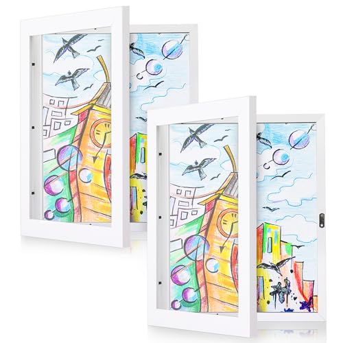 Image of Fixwal Kids Art Frame in White 2 Pack, 8.5x11 Kids Artwork Frames Changeable Display for Wall, Front Loading Glass Frames for Kids Artwork Holds 150 Pieces