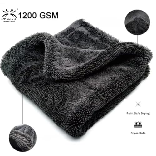 Image of AM Safe-X Microfiber Cleaning Cloth 1200 GSM - 40x40 cm Twisted Loop Microfiber Cloth, Super Absorbent Towel Lint-Free Design for Car Drying, Washing, Polishing & Detailing - Grey (1 Pc)