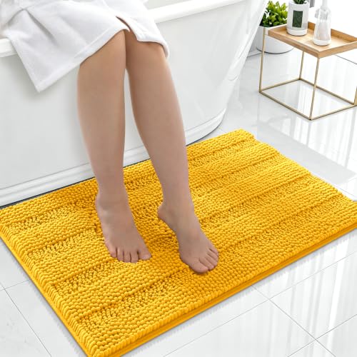 Image of Smiry Thick Chenille Bathroom Rugs 36x24, Extra Soft Absorbent Striped Bath Mat, Machine Washable, Rubber Backing, Bath Rugs for Bathroom, Tub & Shower, Home Decor Accessories, Golden Yellow
